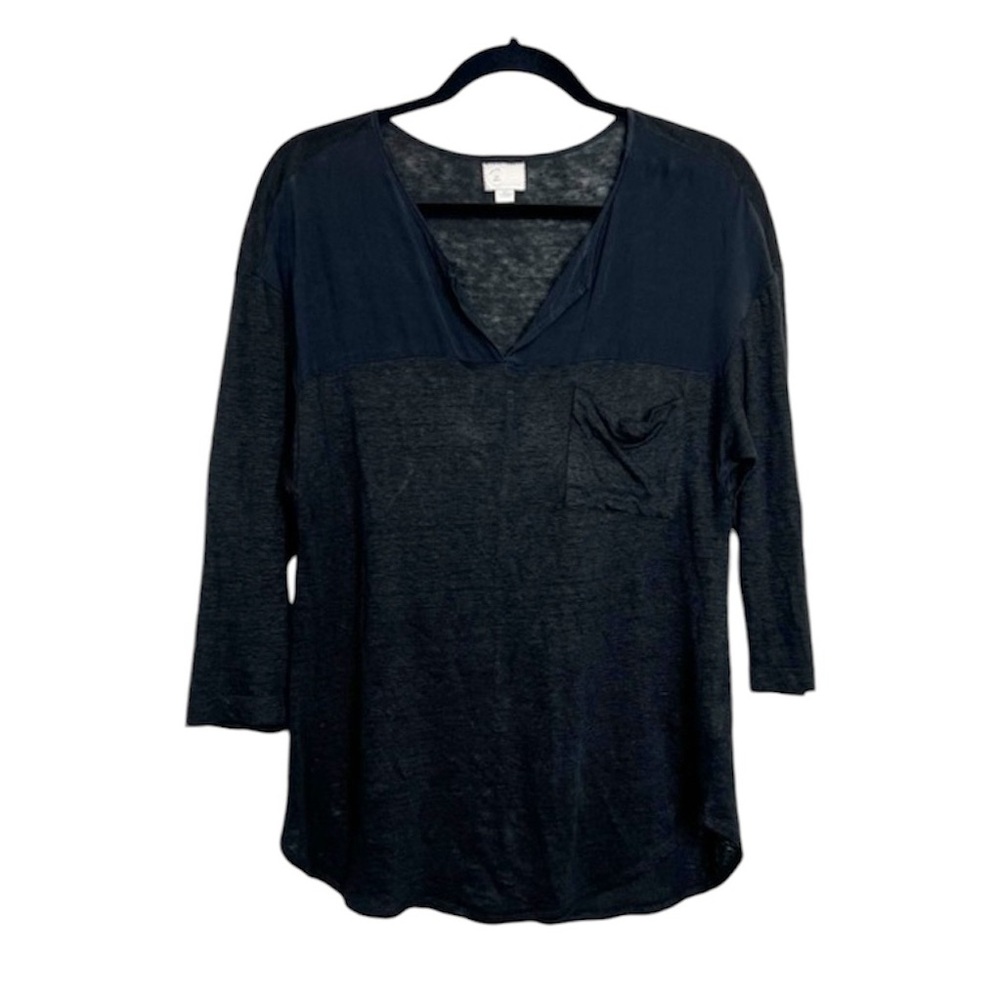 Anthropologie Postmark Linen and Silk 3/4 sleeve split neck top size Small